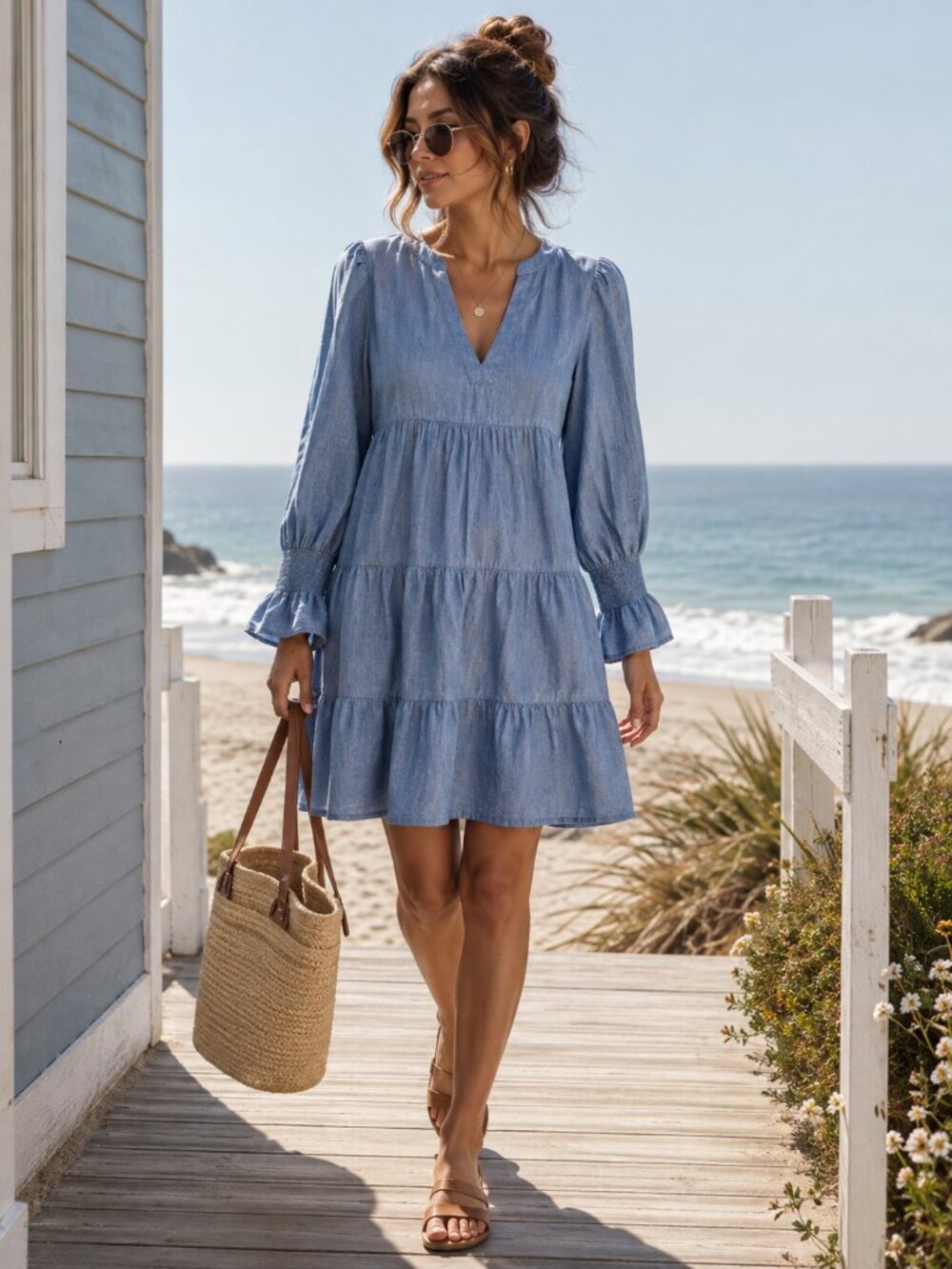 Pomander Place Tuckernuck Blue Chambray Tiered Mini Dress Smocked Cuff M